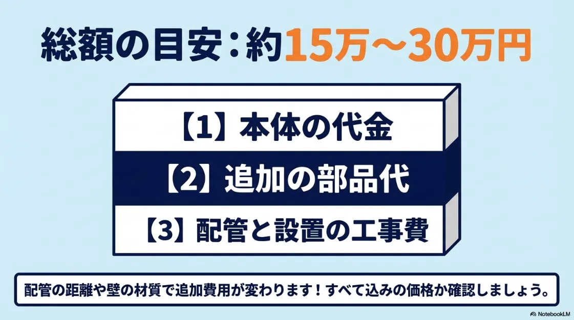 乾太くんの設置費用相場（15万〜30万円）と、本体代・部品代・工事費の内訳を説明するスライド。