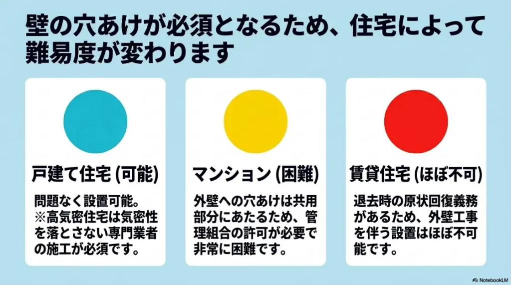 戸建て（可能）、マンション（困難）、賃貸（ほぼ不可）といった住宅形態別の設置難易度一覧