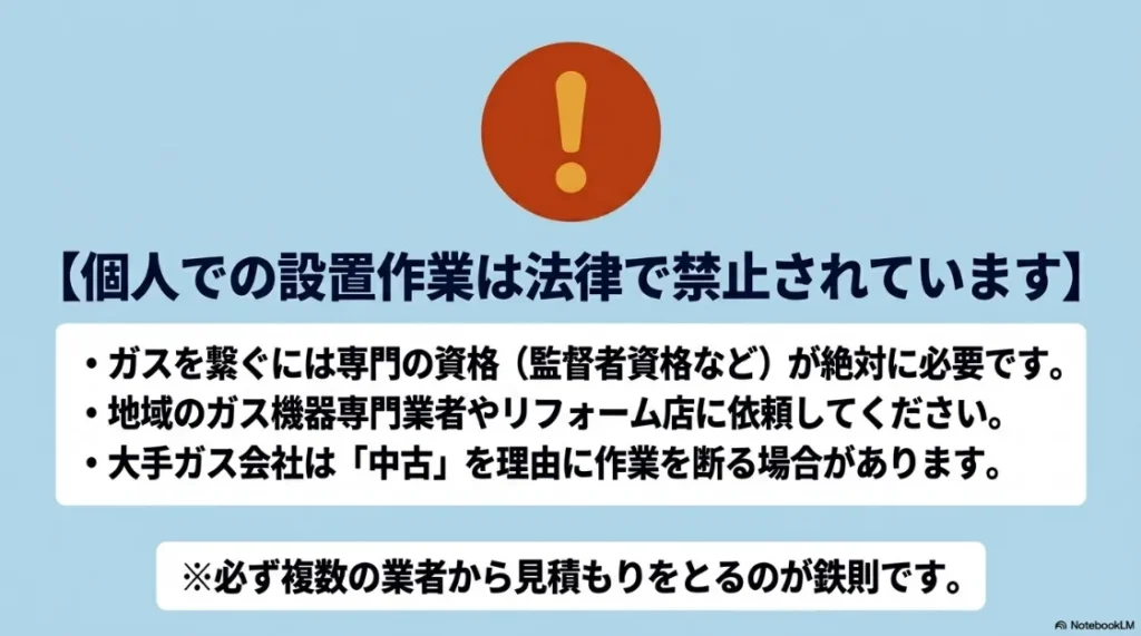 個人での設置作業が法律で禁止されていること、ガス接続には専門資格が必要であること、業者選びの鉄則についての警告