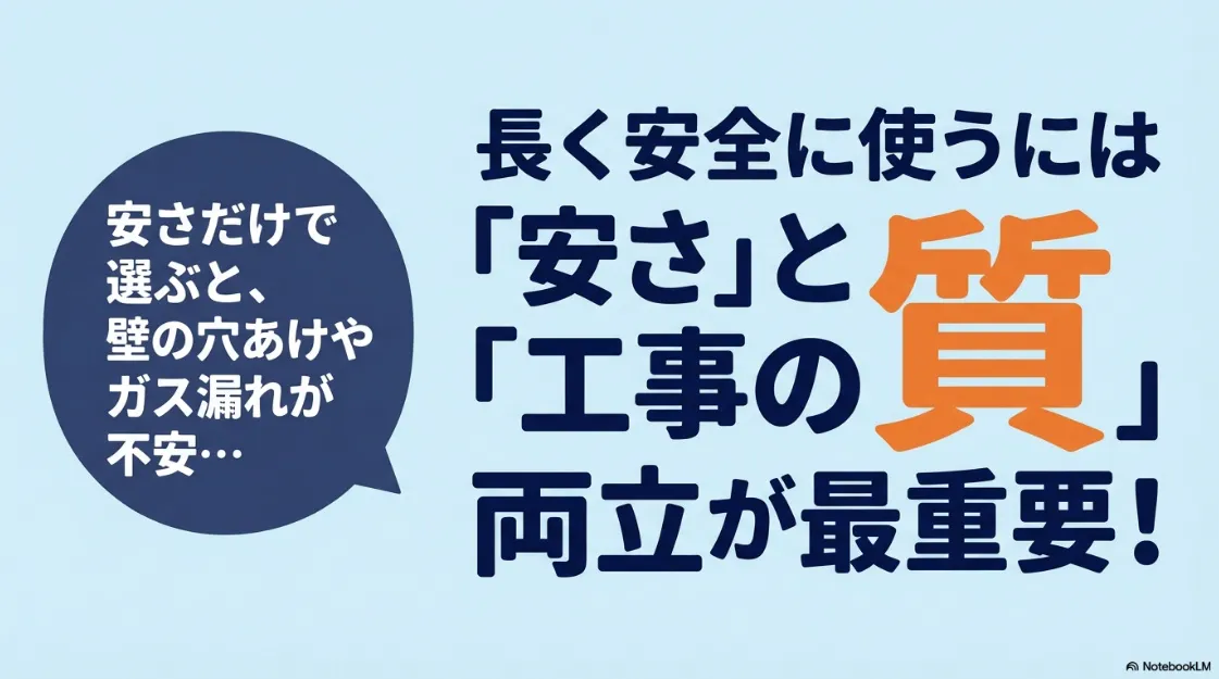 乾太くんの設置において「安さ」と「工事の質」の両立が最重要であることを説明するスライド。壁の穴あけやガス漏れのリスクについて記載。