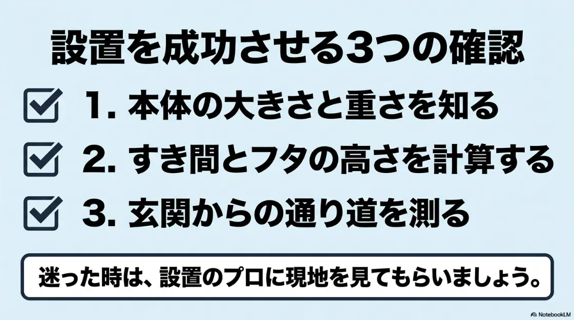 乾太くんの設置を成功させる3つの確認ポイント（大きさ・重さ、すき間・フタの高さ、通り道の幅）のまとめ。