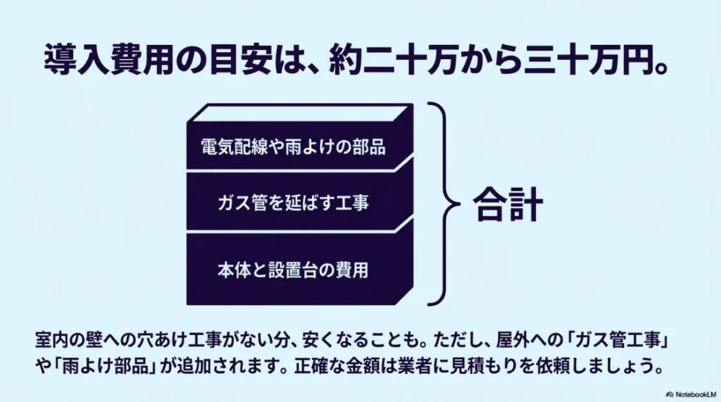 乾太くん導入費用の内訳（本体、ガス工事、電気・雨よけ部品）を示す積み上げ図。