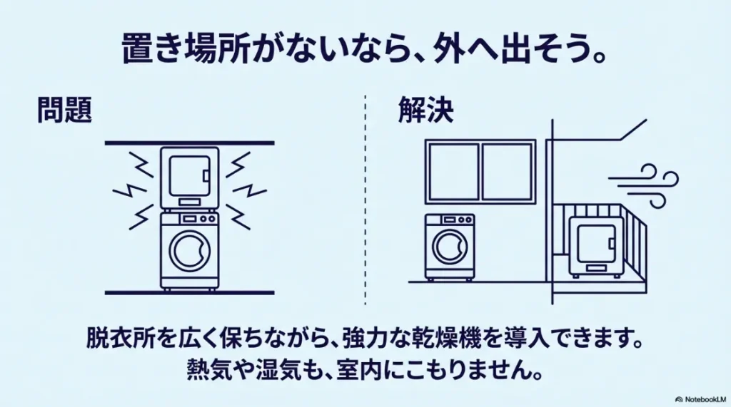 洗濯機の上に置く場所がない問題を、屋外に設置することで解決するイメージ図。