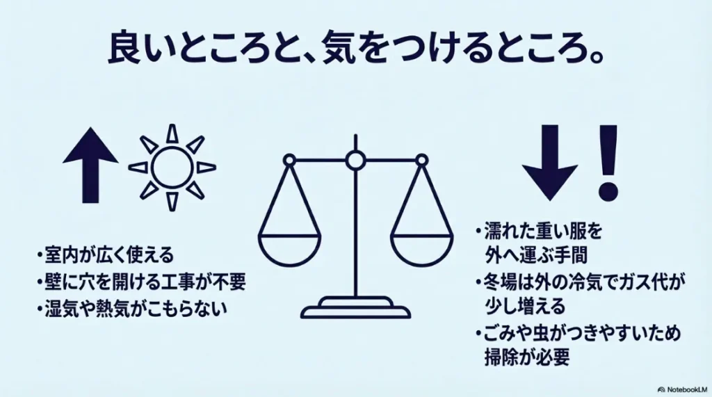 乾太くん屋外設置のメリットと注意点を比較した天秤のイラスト。