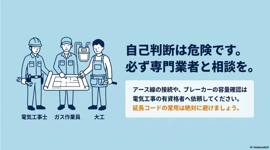 電気工事士、ガス作業員、大工へ相談し、アースとブレーカーを確認する図