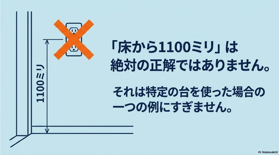 床から1100ミリの寸法図と、1100ミリは絶対の正解ではないと示す注意図