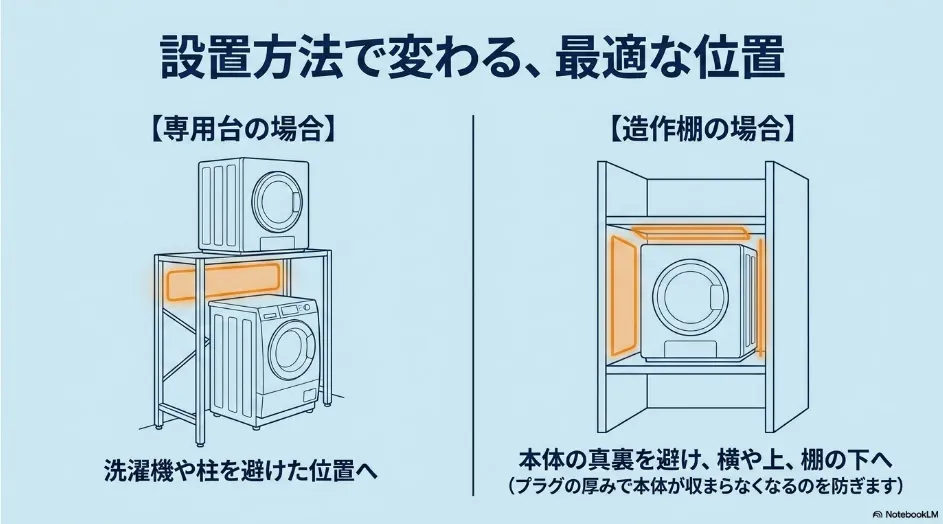 専用台と造作棚で異なるコンセントの配置候補を比較した図