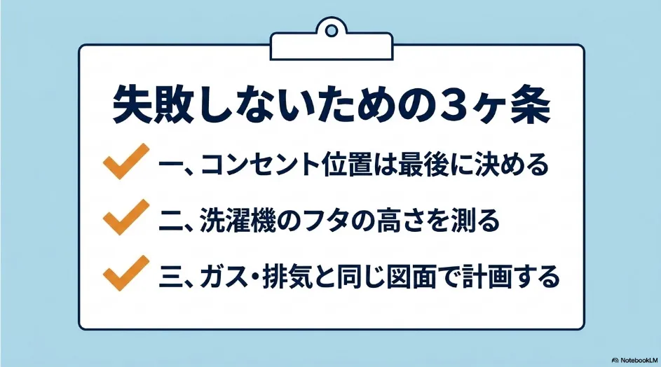 コンセント位置を最後に決めるなど、失敗しないための3か条を示したチェックリスト