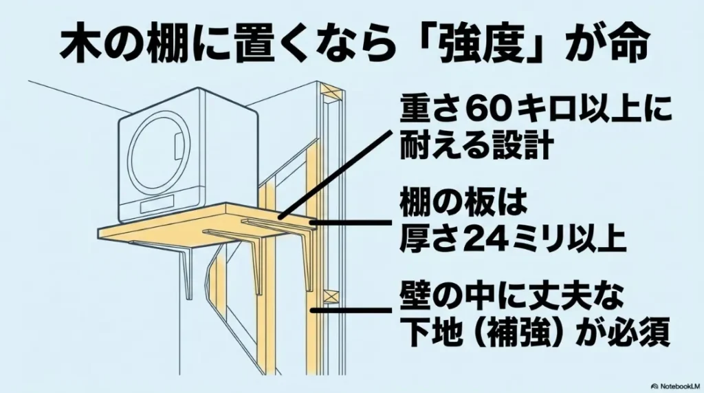 造作棚設置時に必要な60kg以上の耐荷重設計、棚板の厚さ24mm以上、壁の下地補強の重要性。