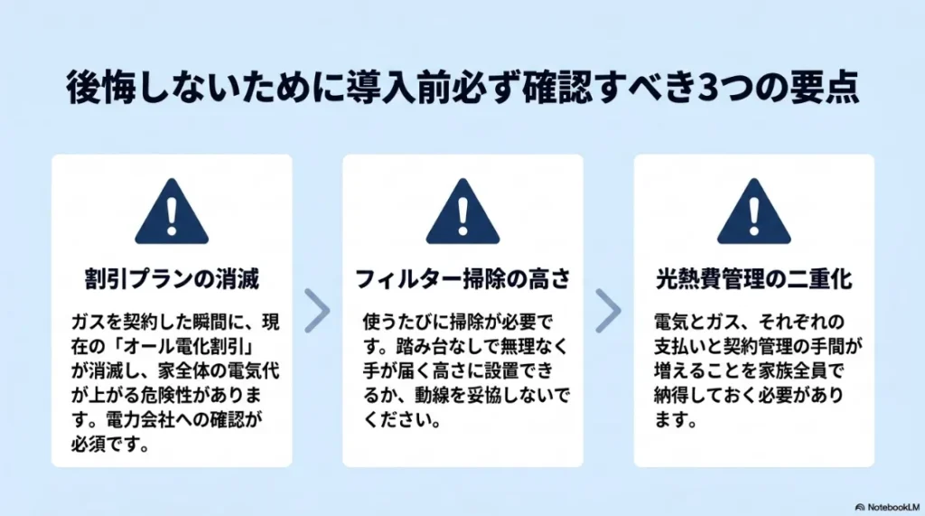 導入前に確認すべき3つの要点（割引プランの消滅、フィルター掃除の高さ、管理の二重化）
