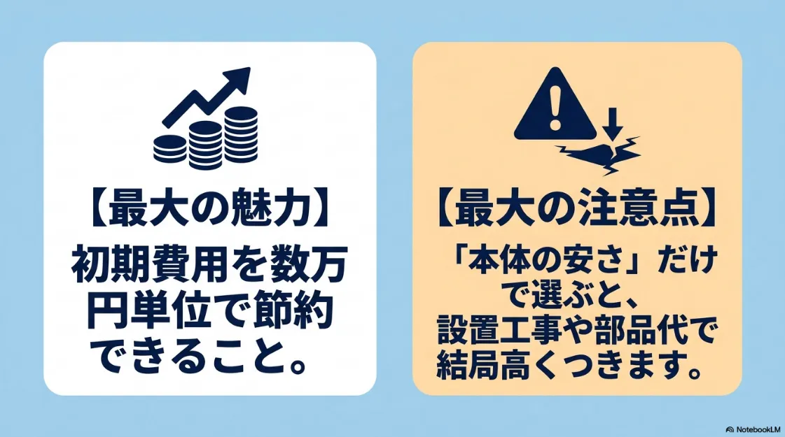 中古導入の最大の魅力である初期費用の節約と、本体の安さだけで選ぶと設置工事や部品代で高くつくという注意点の解説