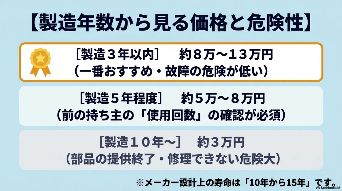 製造3年以内、5年程度、10年以上それぞれの価格相場と故障リスク、メーカー設計上の寿命10〜15年についてのまとめ