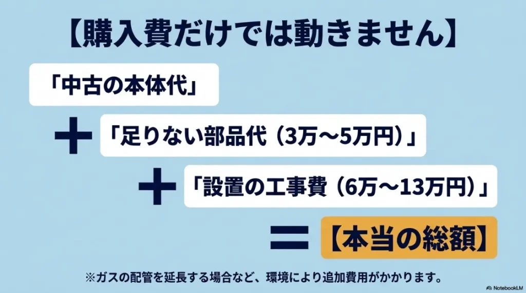 中古本体代に、不足部品代（3〜5万円）と設置工事費（6〜13万円）を加算した「本当の総額」の計算式