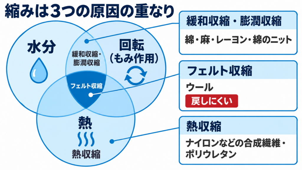 水分・回転・熱の重なりで起きる4種類の縮みと素材を整理した図