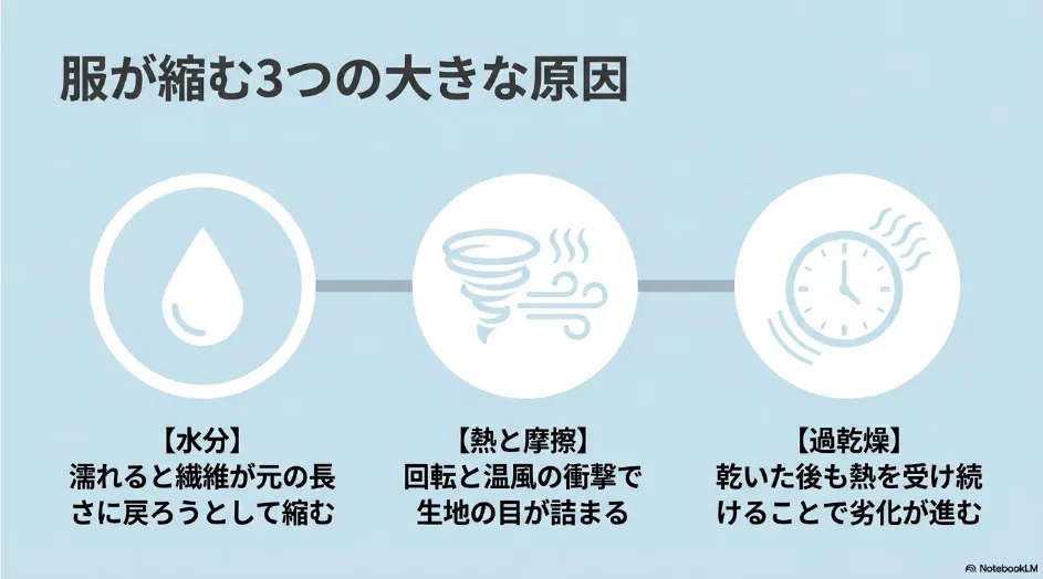 衣類が縮む3つの原因として水分、熱と摩擦、過乾燥を示す図
