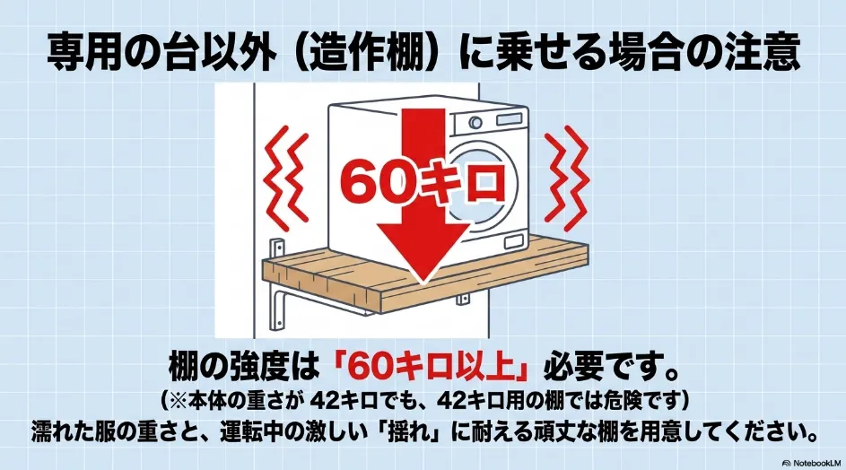 乾太くんを造作棚に設置する場合は耐荷重60kg以上が必要であることを示す図