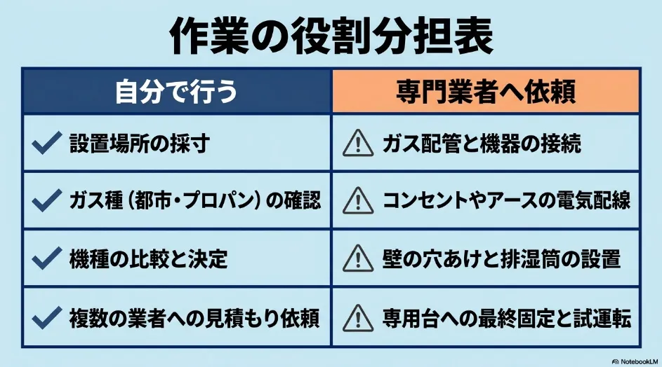 乾太くんの設置で自分で行える採寸や機種比較と、専門業者へ依頼するガス配管や排湿工事の役割分担表