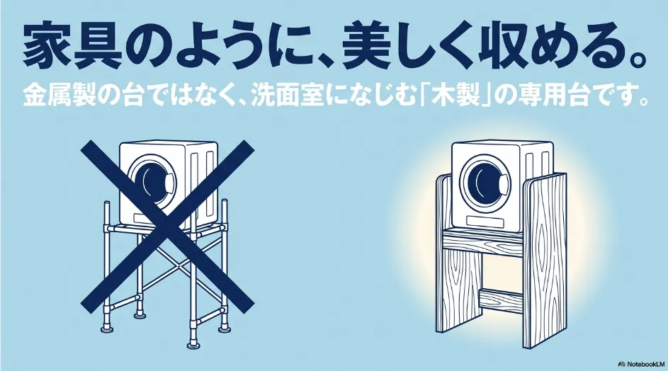 金属製専用台と木質収納ユニットを比較し、洗面室になじむ木製デザインを示したイラスト