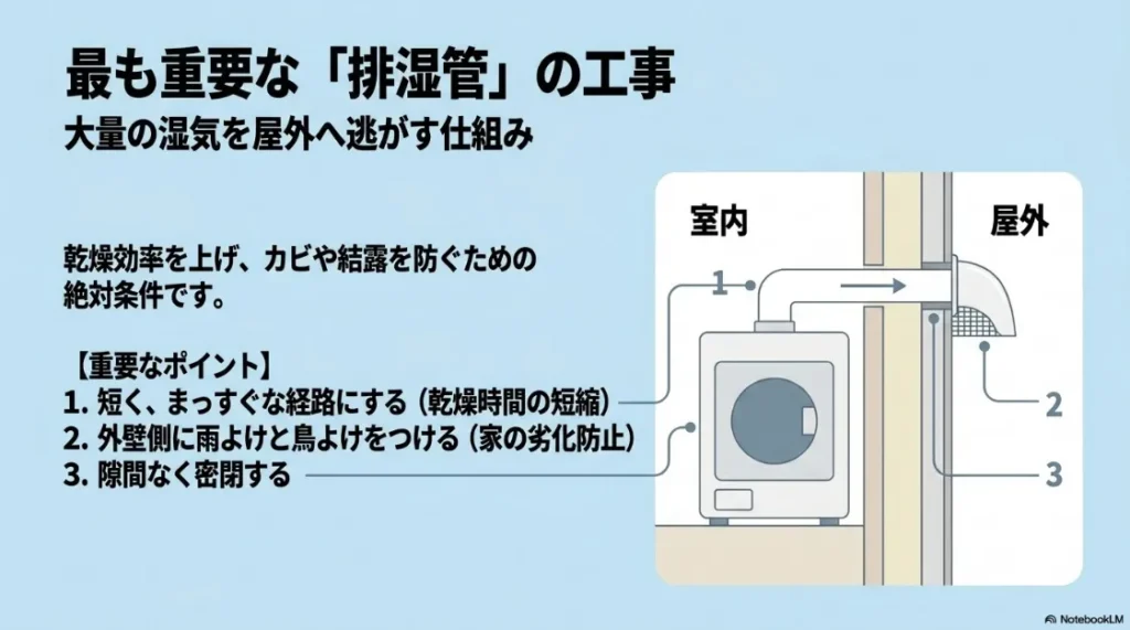 乾燥効率を高めカビを防ぐための排湿管の仕組みと、経路設計・雨よけ・密閉の3つの重要ポイント