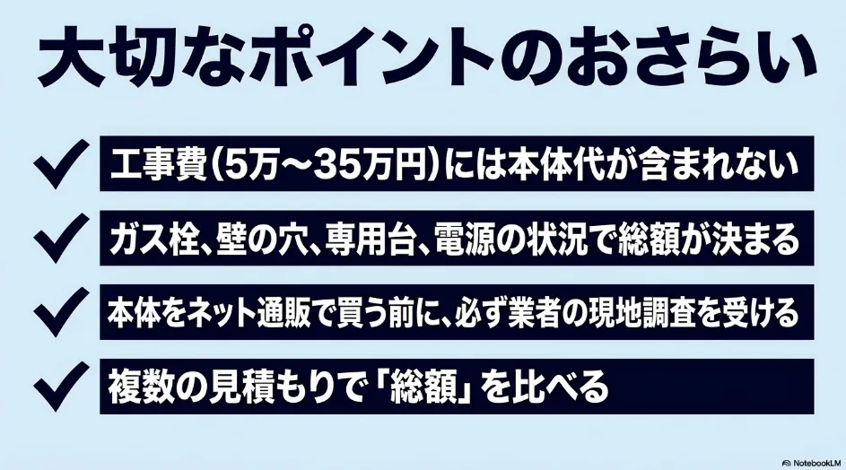 乾太くんの工事費は本体代別で約5万から35万円が目安で、現地調査後に複数社の総額を比較することをまとめたスライド