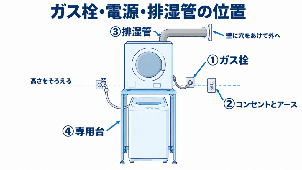 洗濯機の上の乾太くんとガス栓・コンセント・排湿管の位置関係