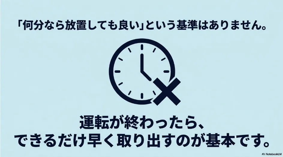 乾太くんに何分なら放置してよいという一律の基準はなく、運転終了後はできるだけ早く衣類を取り出すことを示す図
