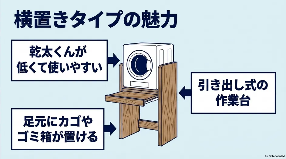 横置き収納ユニットの低い設置位置、引き出し式作業台、足元収納の特徴を示した図