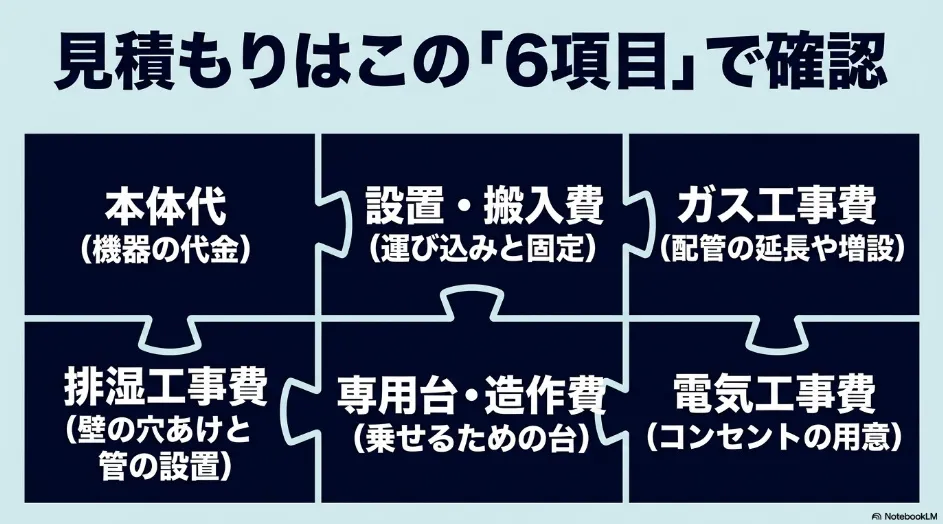 乾太くんの見積もりを本体代、設置搬入費、ガス工事費、排湿工事費、専用台造作費、電気工事費の6項目に分けた図