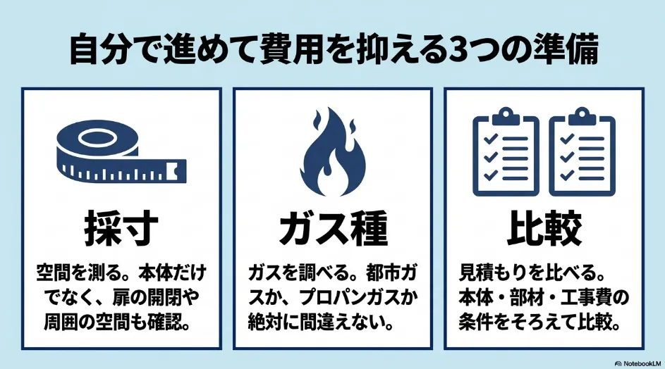 乾太くんの設置費用を抑えるために自分で進められる採寸、ガス種確認、見積もり比較の3つの準備