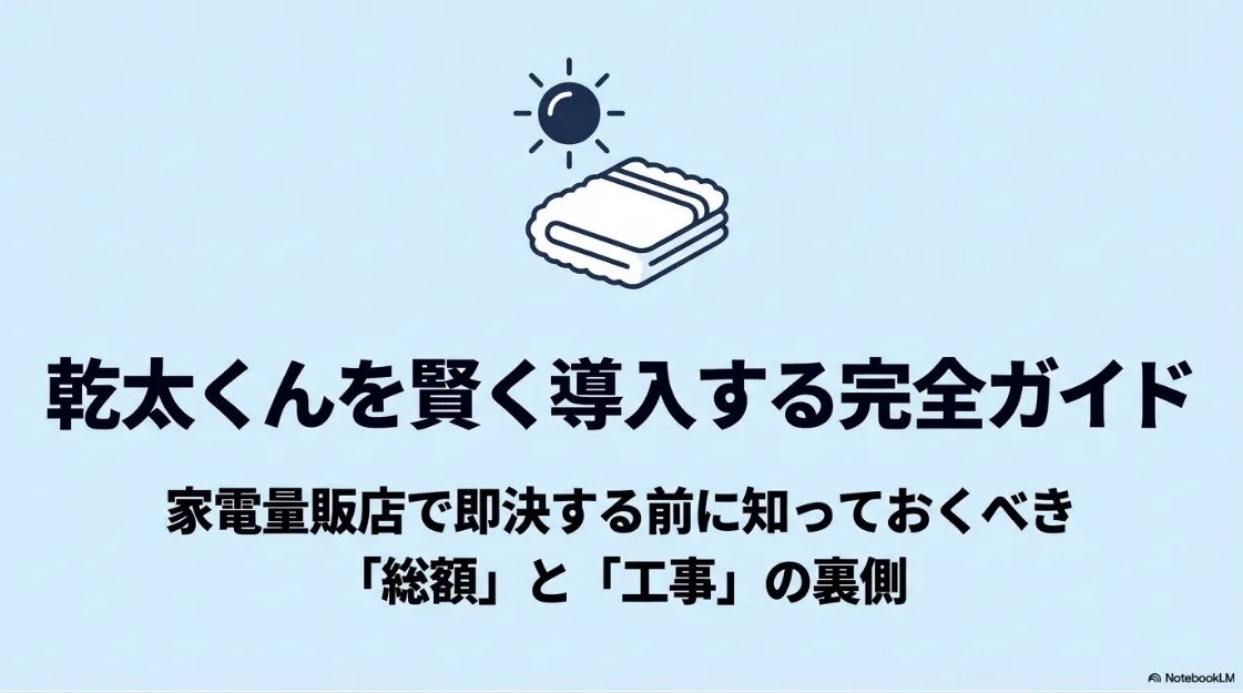乾太くんを賢く導入するための完全ガイドの表紙。タオルと太陽のイラスト。
