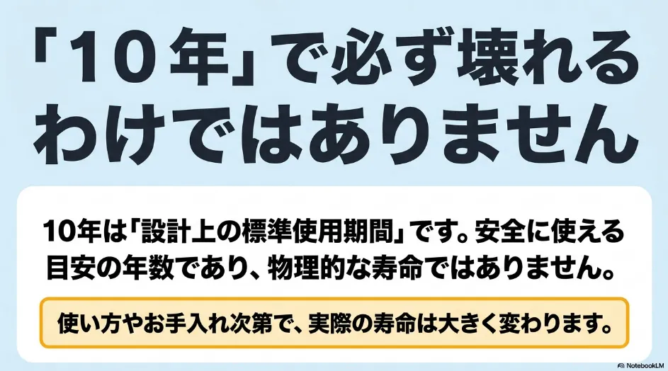 乾太くんの設計上の標準使用期間10年は必ず故障する期限ではなく、使い方や手入れで実際の寿命が変わると説明するスライド