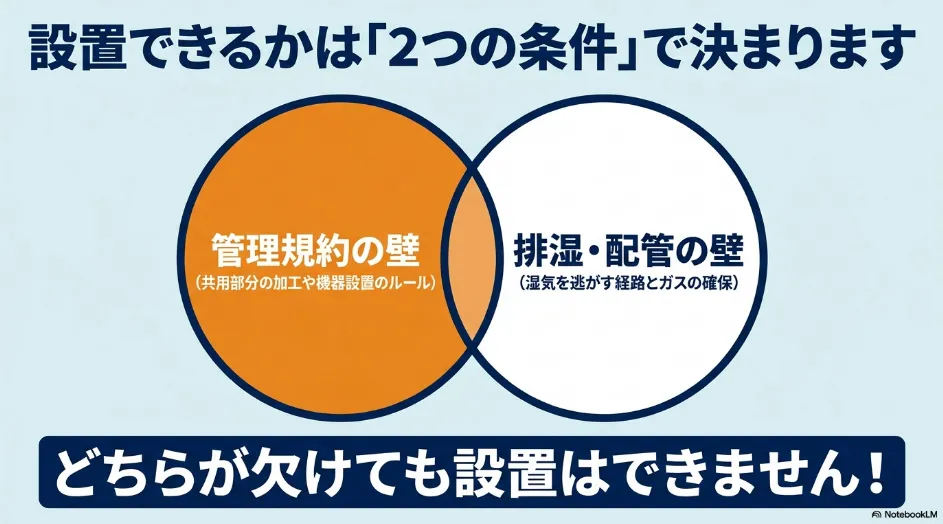 乾太くんのマンション設置に必要な管理規約と排湿・配管の2条件を示す図