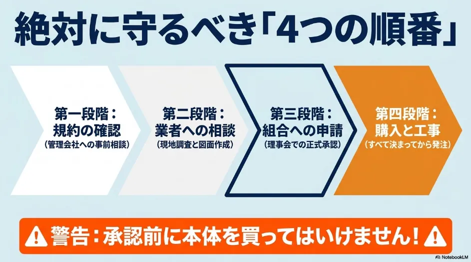 管理規約の確認から業者への相談、管理組合への申請、購入と工事までの4段階