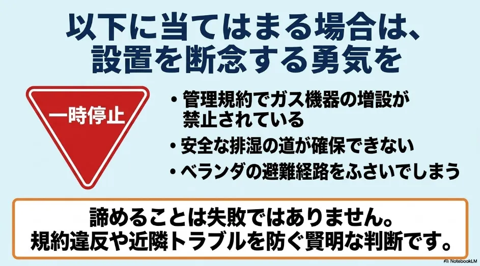 管理規約、排湿経路、ベランダの避難経路に問題がある場合の設置中止基準