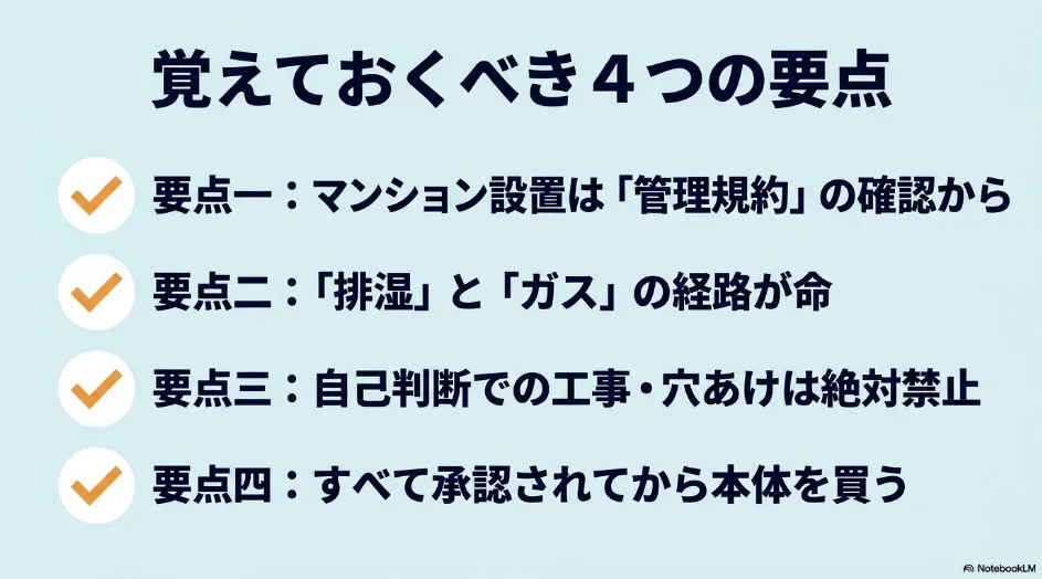 乾太くんをマンションに設置する前に確認する管理規約、排湿、工事承認、購入時期の4項目
