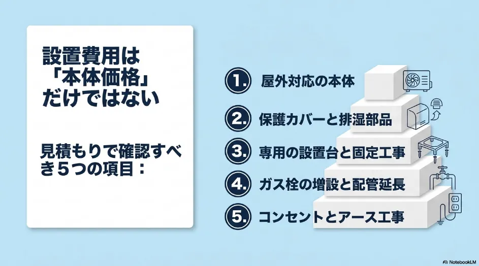乾太くんの屋外設置費用を構成する本体、保護部材、専用台、ガス工事、電源工事の主な項目