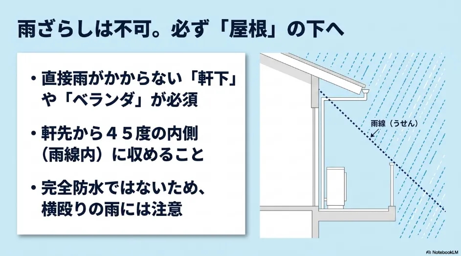 乾太くんを軒先から45度以内の雨線内へ設置し、直接雨がかからないようにする条件を示した図