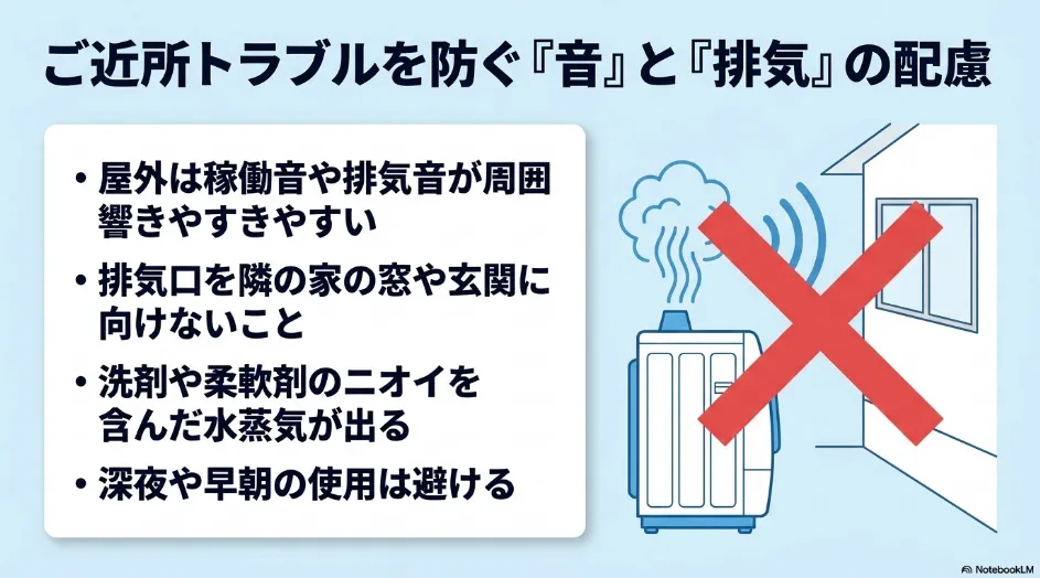 乾太くんの屋外設置で運転音や排湿が隣家の窓や玄関へ向かないようにする近隣対策