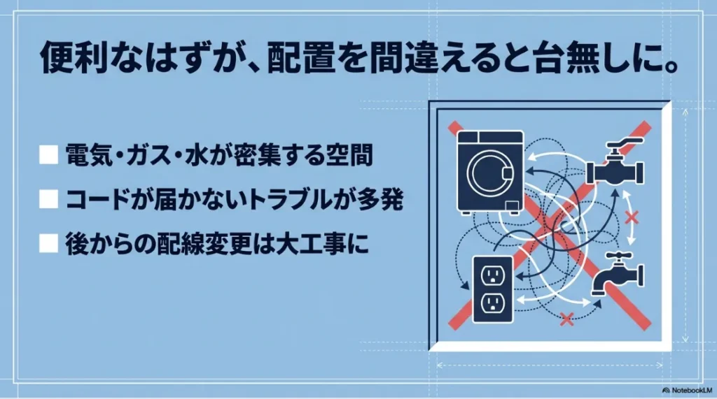 電気・ガス・水が密集し、コードが届かないなどのトラブル例を示すイラスト