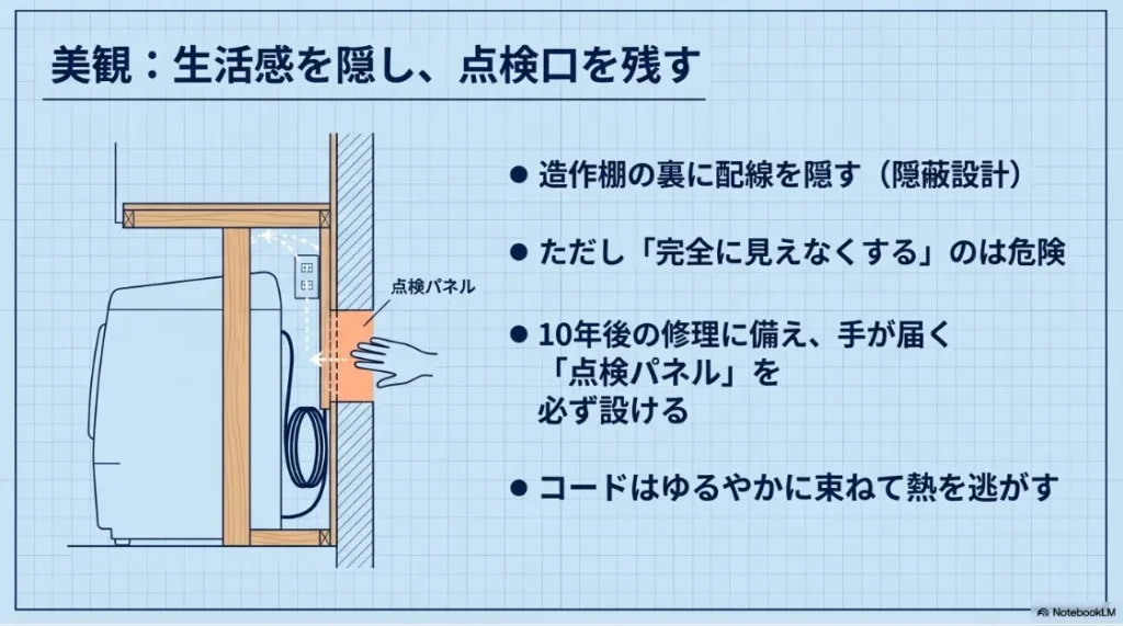 造作棚の裏に配線を隠しつつ、将来の修理のために点検パネル（点検口）を設ける設計図