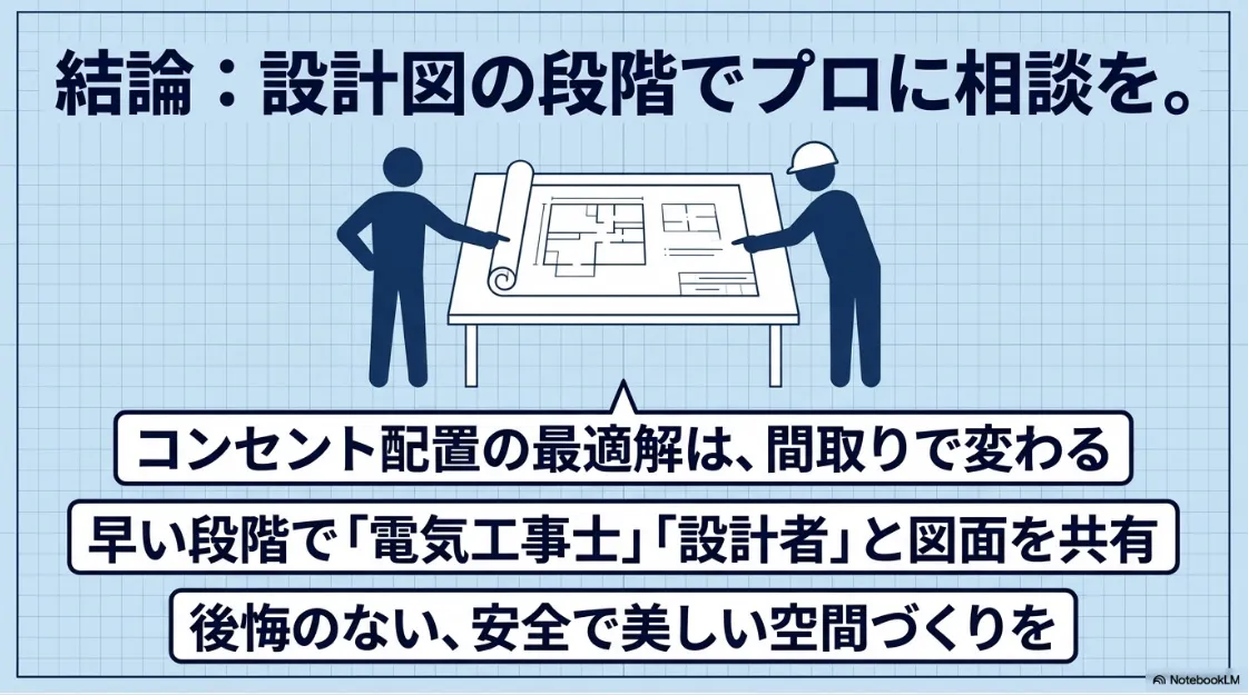 設計図の段階で電気工事士や設計者に相談することを勧めるイラスト