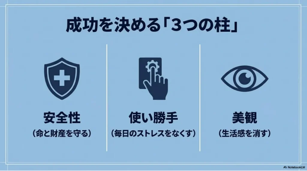 成功を決める3つの柱として「安全性（命を守る）」「使い勝手（ストレスをなくす）」「美観（生活感を消す）」を示した図解