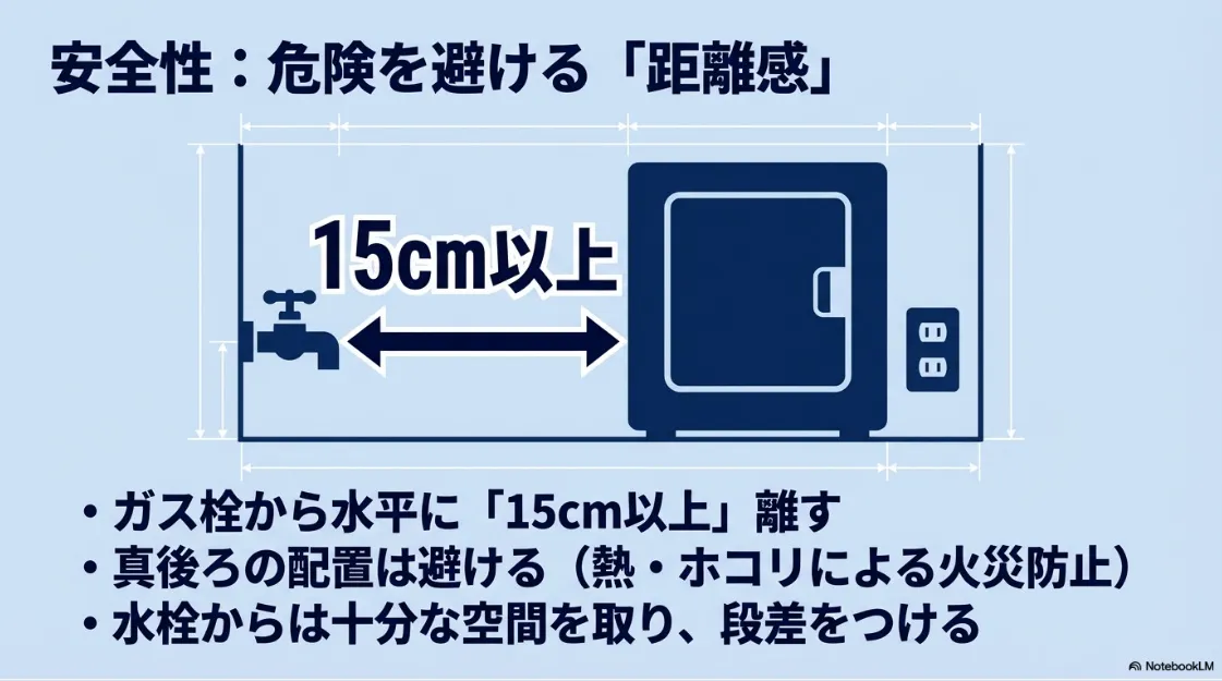 ガス栓から水平に15cm以上離すことや、本体真後ろの配置を避けることを示す図解