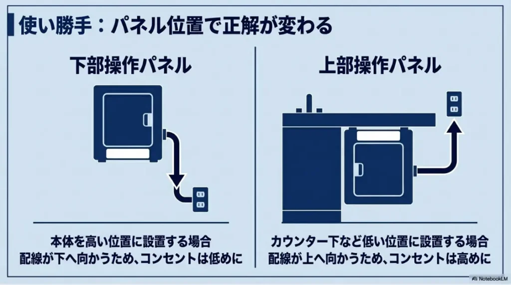 下部操作パネルの場合はコンセントを低めに、上部操作パネルの場合は高めに設置する最適解の比較図