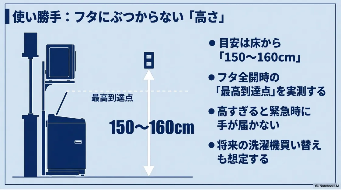 床から150cm〜160cmの高さを目安とし、洗濯機のフタ全開時の最高到達点を実測することを促すイラスト