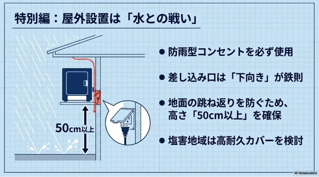 屋外設置時に防雨型コンセントを使い、地面から50cm以上の高さを確保することを示す図解
