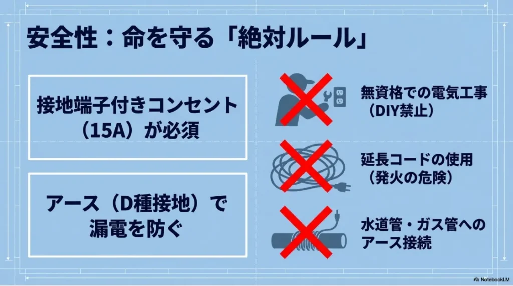 接地端子付きコンセントの使用、DIY禁止、延長コード禁止などの安全ルールを示したアイコン
