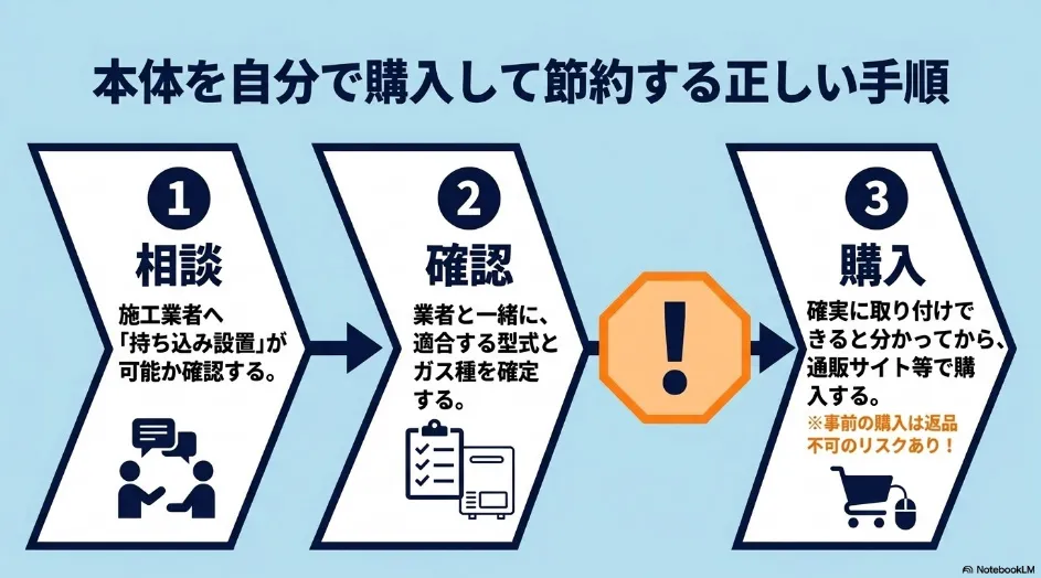 乾太くんを施主支給する場合に施工業者への相談、型式とガス種の確認、本体購入の順に進める手順
