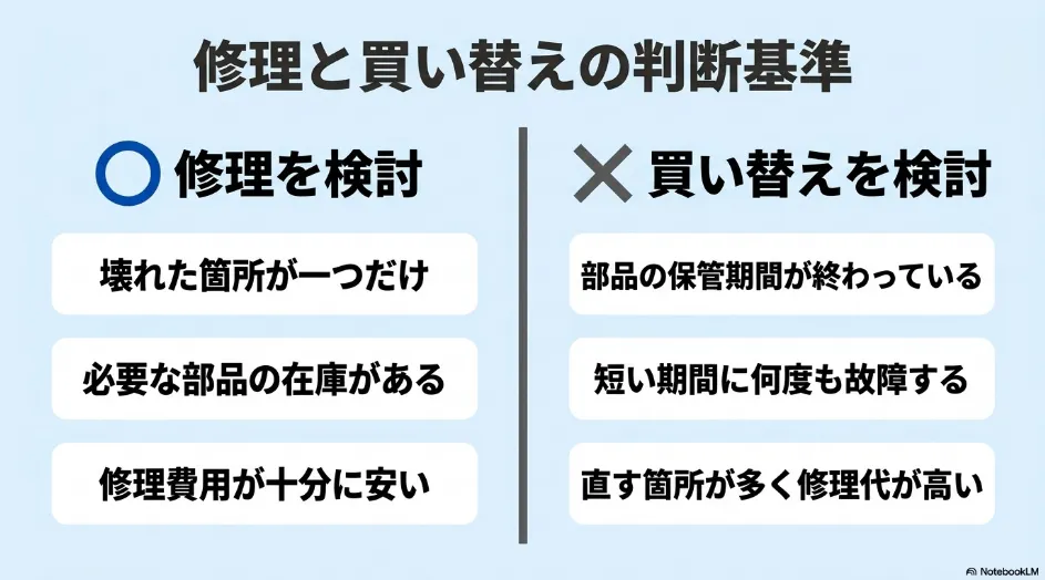 乾太くんを修理する場合と買い替える場合の判断基準を、故障箇所、部品在庫、修理費、故障回数で比較したスライド