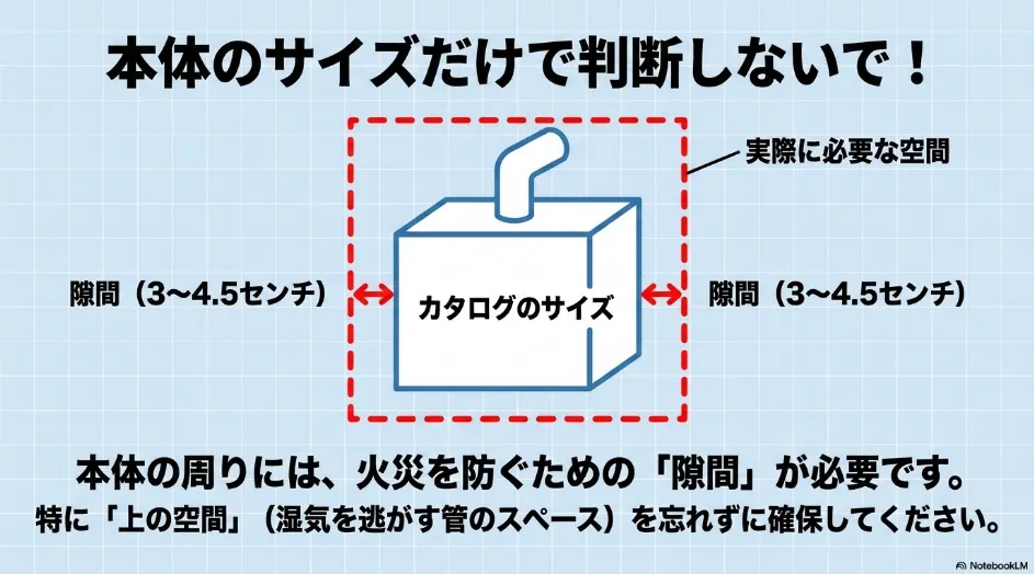乾太くん本体の左右に3～4.5cmの離隔距離と上部に排湿管の施工空間が必要なことを示す図